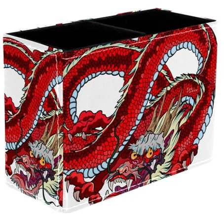 VAPOKF Pot à crayons motif dragon chinois rouge pour bureau, 2 compartiments, pot à crayons, pinceaux de maquillage, organisateur de fournitures de bureau pour la maison et le bureau