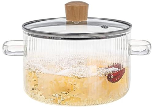 Glass Pots for Cooking, 1.8L Heat Resistant Borosilicate Glass Ribbed Pot with Handles, Clear Glass Cookware Simmer Pot Safe for Soup, Milk, Baby Food