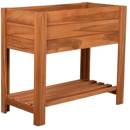 MR. DEKO® Hochbeet Kräuter aus Teakholz | modernes Gartenbeet XL Blumenkasten 86x40x80 cm (BxTxH) | großes Kräuterbeet | Pflanzenbeet für den Balkon-Garten | Naturholz mit Folie | Sichtschutz