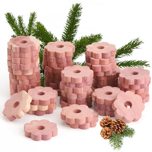 Yizhet Zedernholz Blumenringe, 48 Stück/Natürlicher Mottenschutz aus 100% Zedernholz, Mottenabwehr für Kleiderschrank (Blumenmuster-48 Stück)