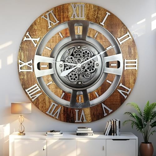 The Gears Clock Wanduhr mit beweglichem Getriebe, 91,4 cm, England-Linie, Vintage-Braun, 90 cm
