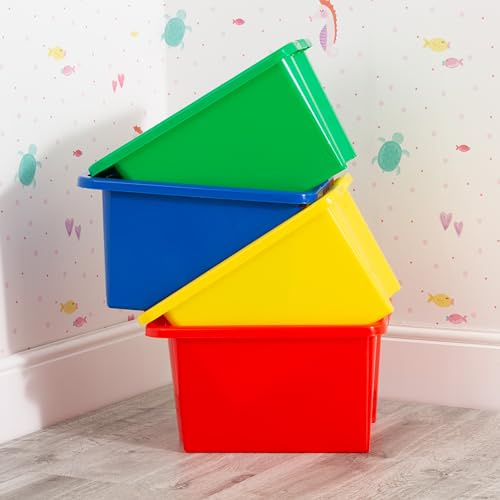 Wham Stack & Store 4 x 35L Plastic Storage Boxes | Ideal for Toys, Classrooms & Playrooms | Stackable & Nestable | Integrated Handles | Made in UK - Mixed Colours