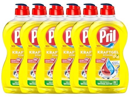 PRIL Kraft Gel Zitrone (6x 450 ml), Handgeschirrspülmittel mit höchster Fettlösekraft, für sauberes Geschirr auch in kaltem Wasser, frischer Zitronenduft