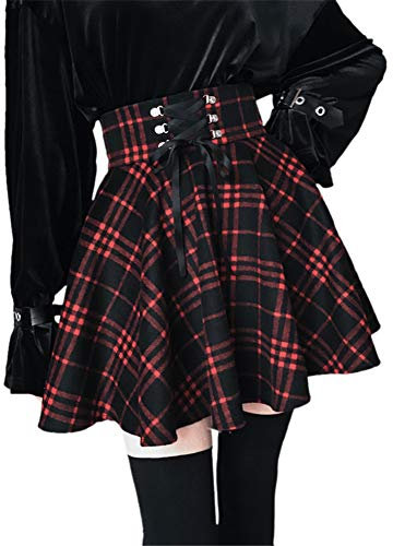 SIPEIEN Jupe trapèze à carreaux pour femme - Taille haute - Style gothique - Plissée - Évasée - Mini jupe patineuse, Rouge, 3XL