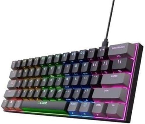 Trust Gaming GXT 867 Acira Teclado Mecánico 60% Español QWERTY, Teclas de Doble Función, Iluminación RGB, Mini Teclado Gaming Compacto Programmable con Cable USB PC Portátil - Negro/Gris