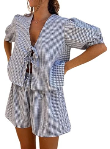 WangsCanis Ensemble de pyjama 2 pièces à carreaux pour femme, chemise péplum à nouer sur le devant avec manches bouffantes et short à volants, M
