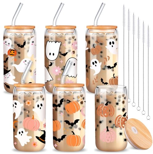 SiliFine Halloween-Glasbecher, 473 ml, mit Deckel und Strohhalmen, 6 Stück