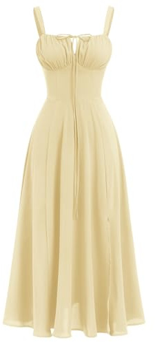 ABEHIK Summer Dress for Women 2024 Floral Corset Dress Boho Flowy Slit Bustier Lace Up Midi Dresses Going Out A Line Casual Sundress Adjustable Spaghetti Straps Bodycon Yellow L