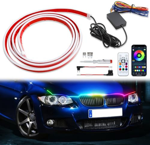 DREAMIZER Auto tagfahrlicht, 12V 150cm Bunt Auto Motorhaube Ambientebeleuchtung, 16 Millionen Farben Flexibler wasserdichter LED Tagfahrlicht für Autos, SUVs, LKWs (APP und Fernbedienung)