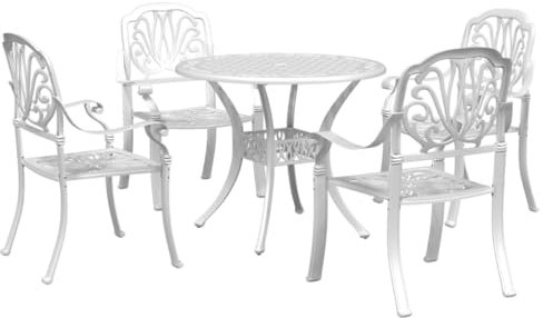 vidaXL Garten Essgruppe 5-TLG., Gartentisch mit Schirmloch, Sitzgruppe für Garten Terrasse, Gartengarnitur Gartenmöbel, Industrieller Stil, Weiß Aluminiumguss