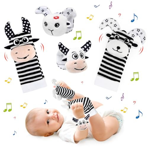 Ballery Bébé Poignet et Chaussettes Hochet, 4 Pcs Hochet Bebe Bell Strap Poignet et Pied Finder Jouets d'éveil Développement Sensoriel Cadeau pour nouveau-nés bébé de 0 à 12 mois