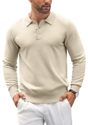 COOFANDY Mens Polo Jumper Long Sleeve Poloshirts Knitted Sweater Basic Sweatshirts Solid Color Pullover Cream M