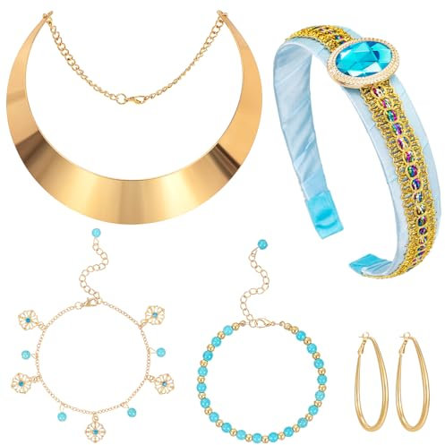 BTHRORO Déguisement Princesse Jasmine pour Femme, Déguisement de la princesse Jasmine Aladdin Couronne Bandeau Boucles d'oreilles pour Anniversaire Noël Halloween Carnaval Cosplay