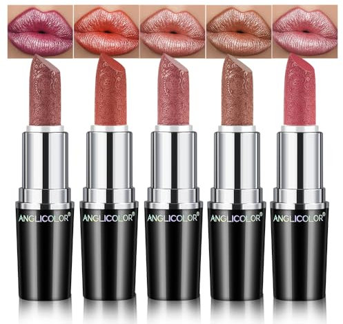 Anglicolor 5PCS,Glitzer Lippenstift Metallic Glänzend Glossy, Shimmer Lipstick Seidig Velvet Langanhaltend Feuchtigkeitsspendende, Vegan Lipgloss Damen Mädchen Make-up (#C, 20g)