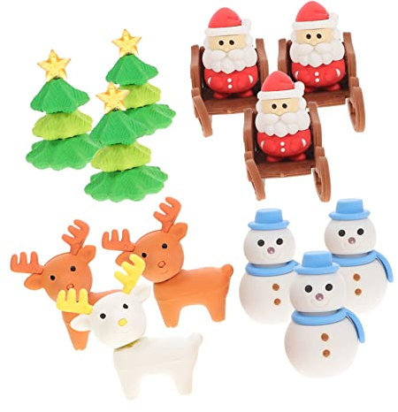 KICHOUSE 12-teiliges Weihnachtsmann-radiergummi-set Für Jungen Und Mädchen Neuartiges Weihnachtsschreibwaren-radiergummi-set Mit Hirsch Und Schneemann 4 Stück/box