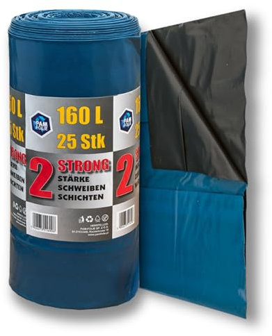 PAM-FOLIE Sacs poubelle 160L - 25 pièces - grands sacs épais - 85x110cm - double épaisseur - noirs, bleus sacs poubelle - pour déchets de chantier