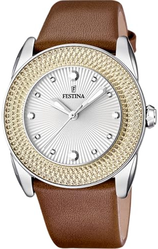 Festina Damenuhr Analog aus Leder Braun | Quarzwerk, Widerstandsfähiges Mineralglas, Wasserdicht 5 ATM, Elegant, Klassisch und Vintage F16591/6