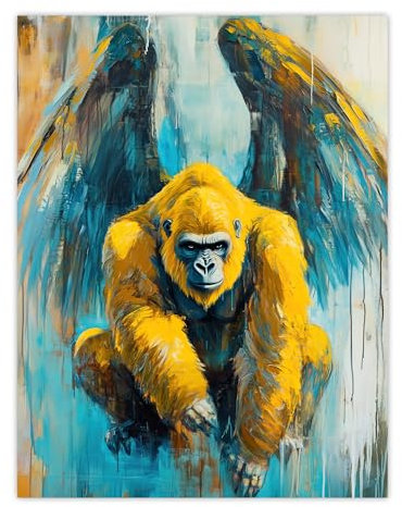 Artery8 Yellow Gorilla Ape With Angel Wings Oil Painting Living Room Unframed Wall Art Print Poster Home Decor Premium