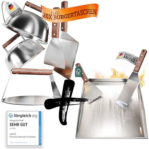 LIKAYA [BUNDLE] Plancha Edelstahl Grillplatte [40x40cm] + Burger Master Set – 4x Grillspachtel, 2x Burgerglocke, 1xBurger Smasher mit FSC-Akazienholzgriff – Perfekte Smash Burger auf Deinem Grill!