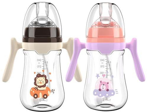 2 Pack Baby Sippy Cup Months 6+, Non Spill Cups for Toddlers, Weighted Straw Baby Straw Cup with Handles, Spill-Proof, Leak-Proof Soft Spout Cups 240ml/8oz, BPA Free (Black/Purple)