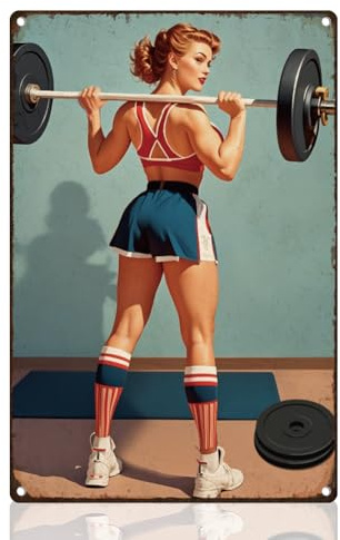 DOODLREAM Weightlifting Woman Vintage Metal Tin Sign Wall Art Home Decor | 20 x 30 cm, Motivational Workout Tin Poster for Cafes, Gym, Garden, Office, Ideal Vintage Decor Gift for Fitness Lady