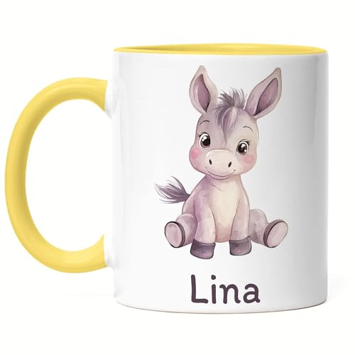 Kiddle-Design Kindertasse mit Namen Personalisiert, Personalisierte Tasse Kinder mit Esel, Namenstasse Eseltasse, Kinderbecher als Geschenk zur Geburt, Taufe Weihnachten - Tasse Gelb