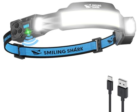 Smiling Shark TS-4 Kopflampe, LED Stirnlampe Aufladbar 2400mAh mit Schwenkbares Dual-Spotlight & 4x Floodlight & Strobe mit Bewegungssensor Hands-Free Design für Camping Joggen Wandern Laufen (1 Pack)