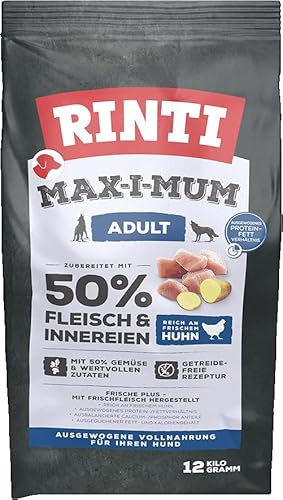 RINTI - Max-i-Mum | Trockenfutter für ausgewachsene Hunde mit 50% Fleisch & Innereien. Getreidefreies Alleinfutter im Beutel mit ausgewogenem Protein-/Fett-Verhältnis | 12kg Huhn