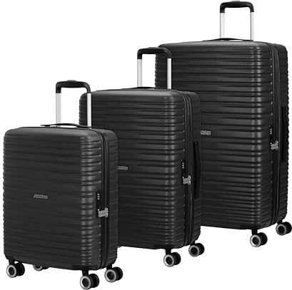 American Tourister Aerotech – 3-teiliges Hartschalen Kofferset (Handgepäck, Mittel, Groß), Erweiterbar, Trolley-Set mit TSA-Schloss - Schwarz (Metallic Black)