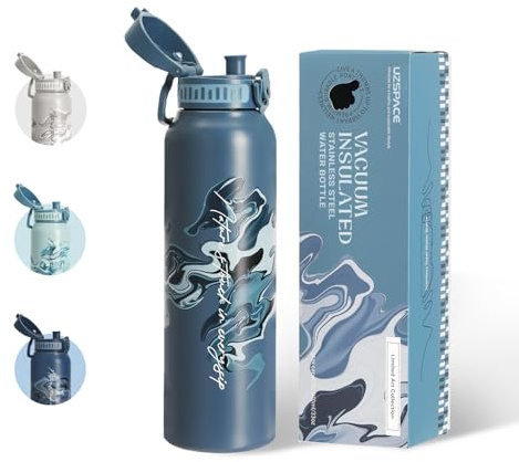 UZSPACE Water Bottle Stainless Steel 316, Artistic Drinks Bottle Slate Blue | 970ml Leakproof Drinking Bottles for Adults, Double-Walled Metal Water Bottle, Flasks for Hot and Cold Drinks for Outdoors