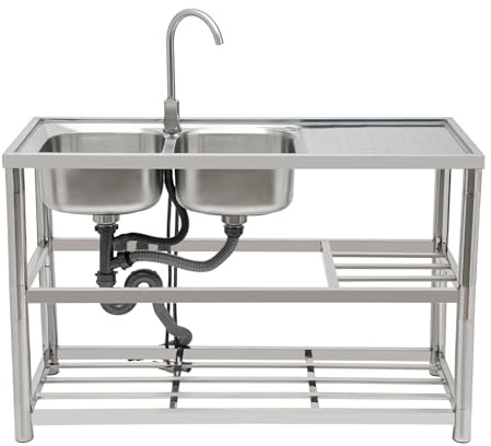 Double évier de cuisine en acier inoxydable avec meuble inférieur, 120 × 45 × 80 cm, robinet pivotant, convient aux appartements, cuisines, arrière-cours, garages, balcons