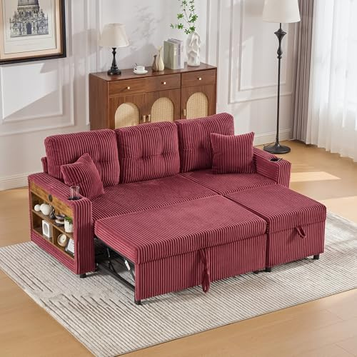 Merax Sofa Ecksofa mit Schlaffunktion, Praktisches Schlafsofa mit Stauraum, Ablagen & Getränkehalter, USB+Type C, LED-Beleuchtung, Ausziehbares Schlafcouch für Wohnzimmer/Schlafzimmer, Weinrot