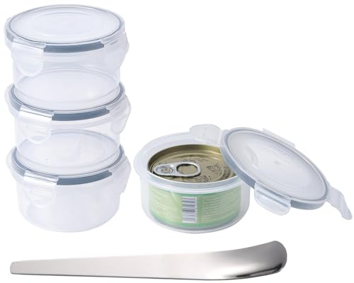 SLSON 4 Stück Rund und transparent Katzenfutter Frischhaltedosen mit Edelstahllöffel,Dosendeckel Katzenfutter,Katzenfutterdosen für 3oz (85g,65mm) Dosen,Deckel für Dosen für Verschlussknebel Design