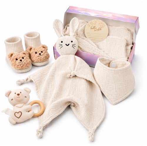 DRAKEWOOD 6-in-1 Neugeborenen Geschenkset Mädchen Junge - Baby Geschenk Geburt Neutral Baby Shower Party Geschenkbox mit Musselintücher Lätzchen Kuscheltuch Lauflernsocken Babyrassel Meilensteinkarten