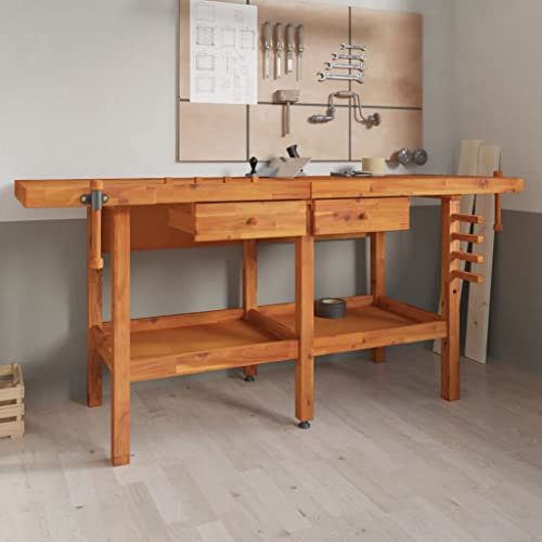 Mokuyary - Banco de trabajo con cajones y tornillos (192 x 62 x 83 cm, madera maciza de acacia, banco de trabajo, garaje, mesa de trabajo para taller, descuento, casa
