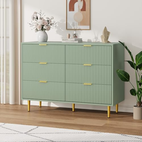 Kommode mit 6 Schubladen 100 x 40 x 75 cm, Kommodenschrank Sideboard, MDF Wellenfront, Gold Griffe& Beine, Rollschienen, Kippschutz, Modern Schubladenschrank für Wohnzimmer Schlafzimmer, Olivgrün