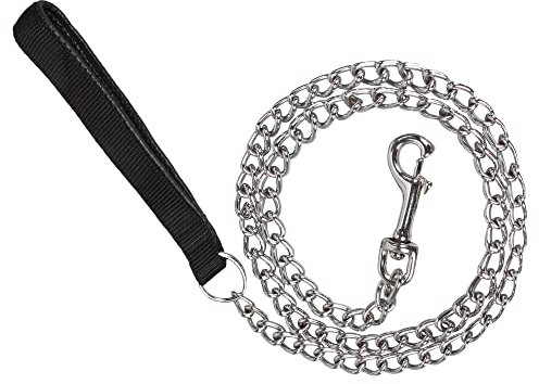 PETTOM Hundeleine Stark Metall Kettenleine, Übungsleine mit PU Leder und Gepolstertem Nylon-Griff, Trainingsleine Für Kleine Mittlere und Große Hunde (M: 0.3cm*120cm) Silber