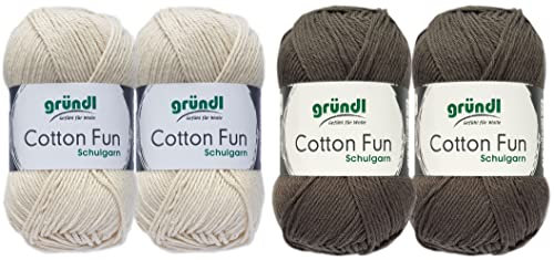 SB Pack Gründl Cotton Fun Häkelset für Topflappen Inhalt 4x50g Material 100% Baumwolle incl. Gratis Häkelanleitung und Häkelnadel (Creme, Grau)