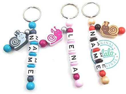 LALALO Schlüsselanhänger Namenskette Schnecke, Schlüsselanhänger mit Namen, personalisierbar mit Prägung/Wunschname, Namensanhänger für Auto, Tasche, Schulranzen, Geschenk zur Geburt, Taufe