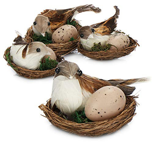 com-four® 4X Osternest mit Sperling-Vogel und Ei - Oster-Deko - Mini-Vogelnest mit brütendem Spatz - Frühlingsdeko (4 Stück - Nest mit Vogel + Ei)