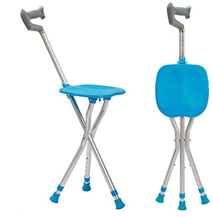 DBOATB Spazierstock rutschfest mit Lampe 4-beiniger Klappstuhl für ältere Menschen Verstellbarer Stock mit Hocker,Blau