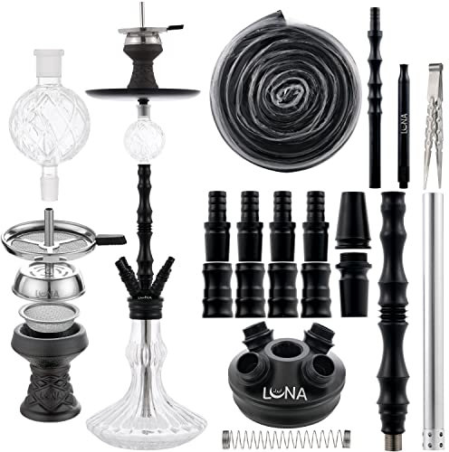 LUNA BIGIMA Shisha Set Komplett 18/8er Schliff Anschlüsse Closed Chamber System | Zubehör inkl. Schlauch - Mundstück - Zange - Steinkopf - Kaminaufsatz - Molassefänger - Knickschutz (Schwarz)
