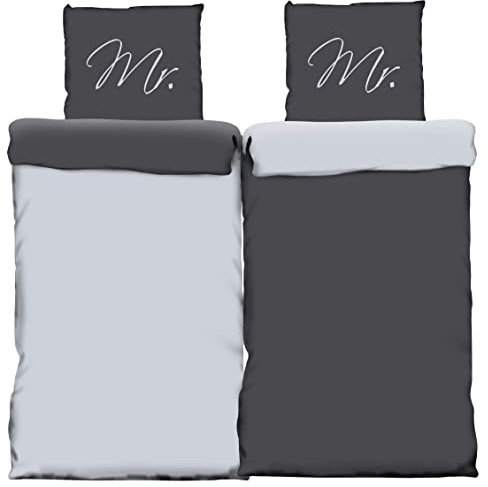 one-home Partnerbettwäsche Männer 135x200 cm Mr and Mr Homosexuell Pride grau Mikrofaser