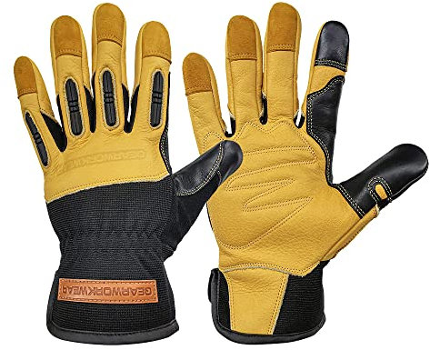 QEARSAFETY 1 pair Cowhide Work Safety Gloves, Gardening, Thorn Resistance, Mechanic Work, Palm Padded, Knuckle TPR Anti-Impact Protect, Screen Touch Fingers, Multi-Purpose (Large)