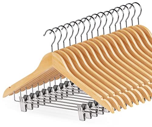 HOUISM Lot de 16 cintres en bois avec clips réglables,Cintres en bois pour costumes, jupes, pantalons,Finition lisse naturelle,Crochet pivotant à 360°, veste, jupe