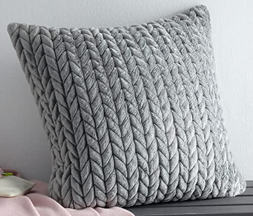 Dekoleidenschaft Kissenhülle Zopfmuster in grau, 45x45 cm, samtig weich, Kissenbezug mit Strickmuster, Zierkissen-Bezug, Sofakissen-Hülle