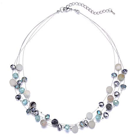 Bulinlin Damen Silber Perlenkette mit Kristall Statement Mehrreihige Boho Choker Halskette Modeschmuck Geburtstagsgeschenke für Frauen(15-Amazon Green)