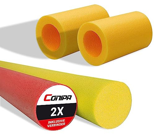 Conipa® - 2 Stück Schwimmnudel (160 x 7 cm) für Kinder & Erwachsene INKL. VERBINDER (Schaumstoff) - Poolnudel Set ab 3-10 Jahre (Made IN Europe) - Pool Wassernudel & Spielzeug (Rot + Gelb)