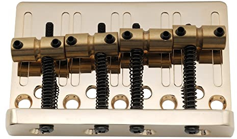 Musiclily Pro 19mm 4-String Bass Hardtail Bridge with Brass Saddles and Steel Plate, Gold