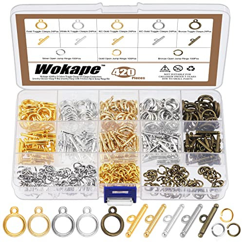 Wokape 120 Sets Metall-Knebelverschlüsse für die Schmuckherstellung, 5 Farben, Stabringverschluss, Knebelverschluss, Verbinder mit 300 offenen Binderingen für Halsketten, Armbänder